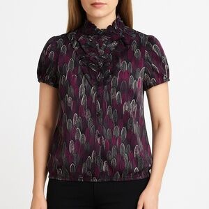 Apostrophe Ruffle Mock Neck Feather Print Blouse Purple Black Gray M
